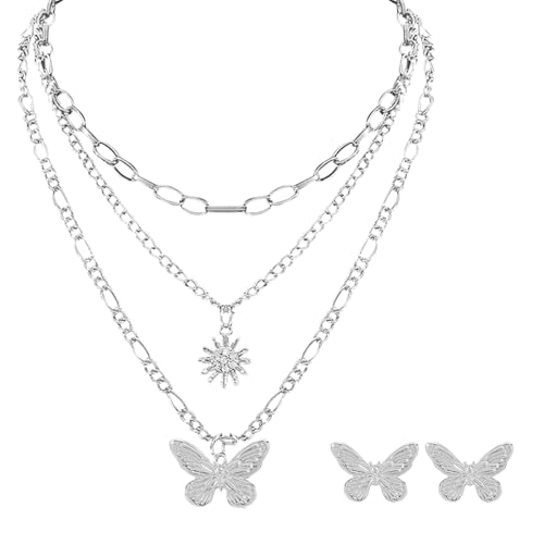 XFSRG Schmetterling Ohrringe Mehrschichtige Halskette Set Damen Schmuck Glänzend Zinklegierung Strasssteine Ohrstecker Kettenanhänger Schmuckset von XFSRG