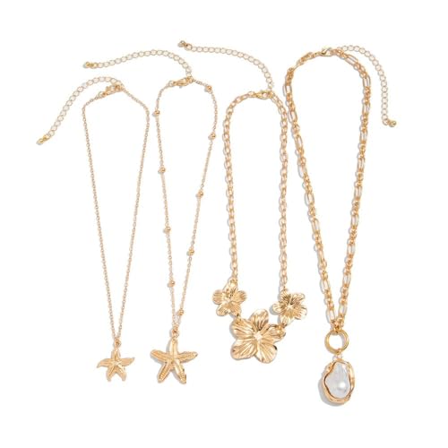 XFSRG Mehrschichtiges Damen Halskette Set mit Gold Blumen, Seestern & Perlenanhänger Boho Strand Schmuck, Elegante Statement Kette für Sommer Urlaub Partys von XFSRG