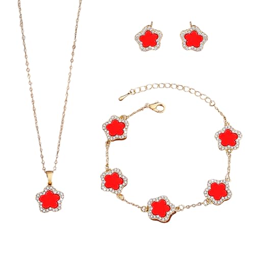 XFSRG Schmuck Set Damen Kupfer Schmuck-Sets Blumen Design Halskette Armband Ohrringe für Hochzeit Party (Rot) von XFSRG