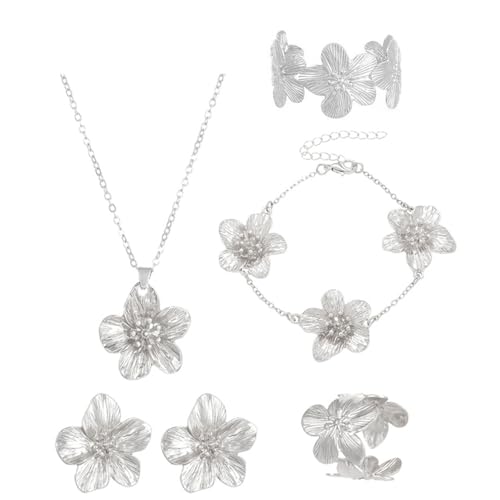 XFSRG Schmuck Set für Damen 6 Pcs Elegantes Blüten Design Armband Ohrringe Halskette und Ring Hochwertiger Modeschmuck für besondere Anlässe von XFSRG