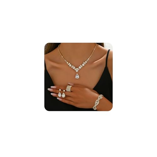 XFSRG Damen Schmuck Set Strassstein Ohrringe Halskette Armband Ring Klassisch 4 Stück Frauen Schmuck mit Cubic Hypoallergene Modeschmuck Geschenke von XFSRG