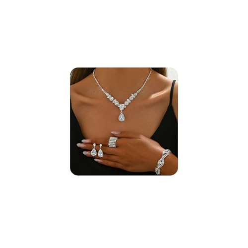 XFSRG Damen Schmuck Set Strassstein Ohrringe Halskette Armband Ring Klassisch 4 Stück Frauen Schmuck mit Cubic Hypoallergene Modeschmuck Geschenke von XFSRG
