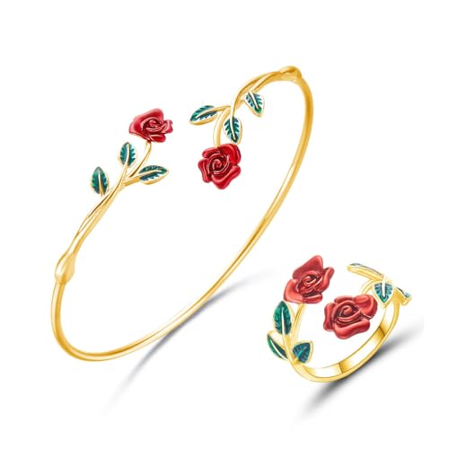 XFSRG Schmuckset 18k Vergoldet Schmuckset Rose Armband Ring Set Emaille Schmuck Set Für Muttertagsgeschenke Geschenke Valentinstag(Gold) von XFSRG