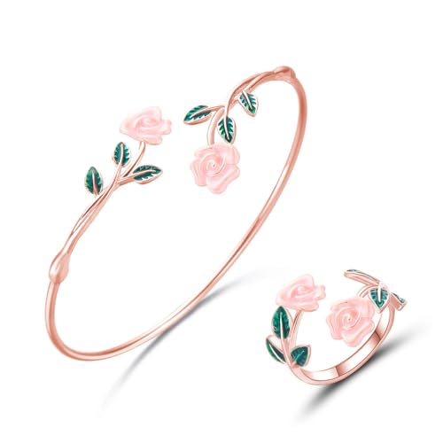 XFSRG Schmuckset 18k Vergoldet Schmuckset Rose Armband Ring Set Emaille Schmuck Set Für Muttertagsgeschenke Geschenke Valentinstag(Rosa) von XFSRG