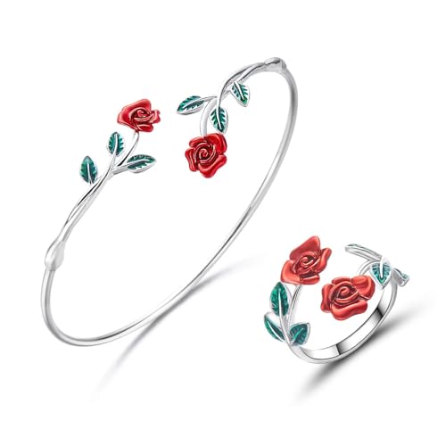XFSRG Schmuckset 18k Vergoldet Schmuckset Rose Armband Ring Set Emaille Schmuck Set Für Muttertagsgeschenke Geschenke Valentinstag(Silber) von XFSRG