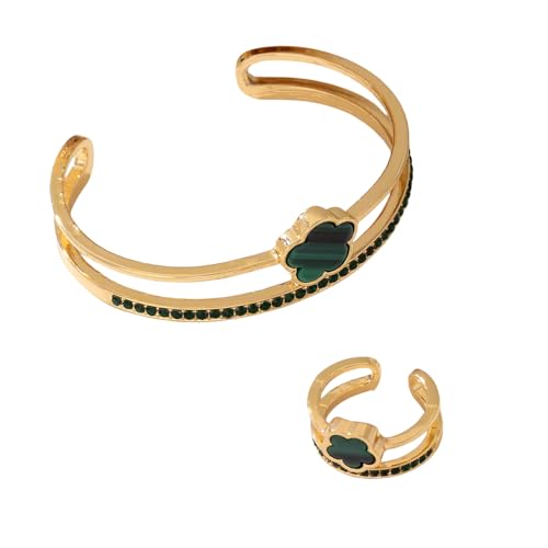 XFSRG Schmuckset Damen Armspange, Vierblättriges Kleeblatt Armreif Armband, offene Ringe, Modernes Accessoire für Alltag und besondere Anlässe (Grün) von XFSRG