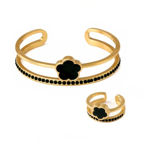 XFSRG Schmuckset Damen Armspange, Vierblättriges Kleeblatt Armreif Armband, offene Ringe, Modernes Accessoire für Alltag und besondere Anlässe (Schwarz) von XFSRG