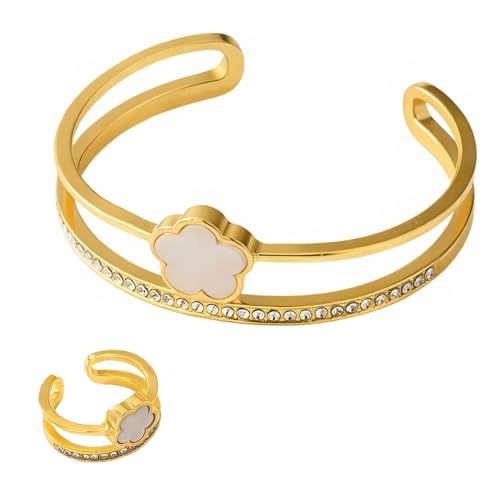 XFSRG Schmuckset Damen Armspange, Vierblättriges Kleeblatt Armreif Armband, offene Ringe, Modernes Accessoire für Alltag und besondere Anlässe (Weiß) von XFSRG