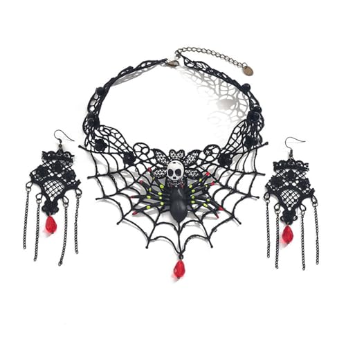 XFSRG Schmuckset Damen Halloween Spinnennetz Halskette Choker Gothic Schmuck Set Ohrringe Totenkopf Spinne Kette Schmucksets für Damen von XFSRG