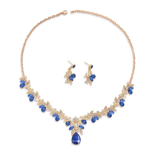 XFSRG Schmuckset Damen vergoldete Halskette mit funkelnden Kristallen und passender Ohrringe, ideal für Hochzeit, Abendkleid, Geschenk zum Geburtstag oder Jubiläum(Goldblau) von XFSRG