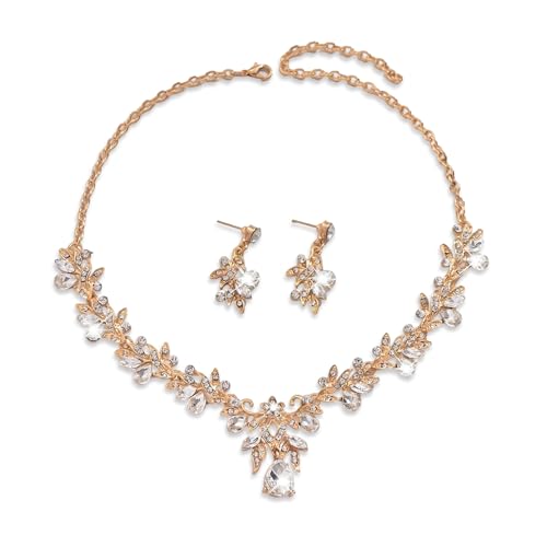 XFSRG Schmuckset Damen vergoldete Halskette mit funkelnden Kristallen und passender Ohrringe, ideal für Hochzeit, Abendkleid, Geschenk zum Geburtstag oder Jubiläum(Goldweiß) von XFSRG
