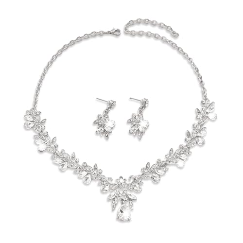 XFSRG Schmuckset Damen vergoldete Halskette mit funkelnden Kristallen und passender Ohrringe, ideal für Hochzeit, Abendkleid, Geschenk zum Geburtstag oder Jubiläum(Silberweiß) von XFSRG