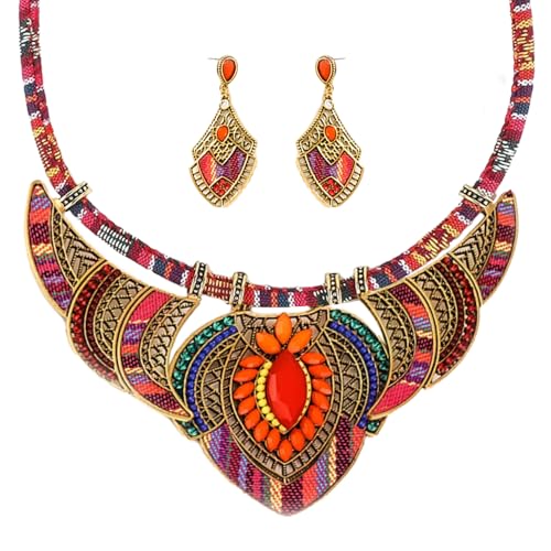 XFSRG Schmuckset Ethnischer Stil Halskette und Ohrringe Boho Traditionelle Ohrringe Vintage Modeschmuck Set für Damen Mädchen von XFSRG