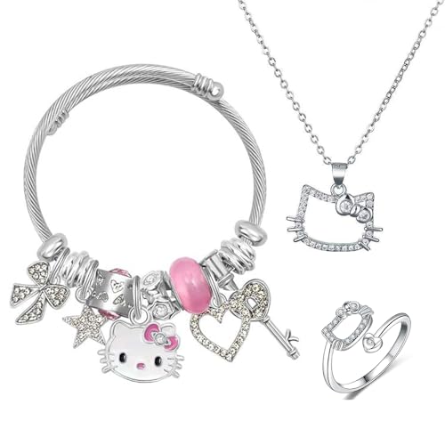 XFSRG Schmuckset Mädchen Charmantes Design Modeschmuck Set Halskette Armband Ring für Stilvolle Mädchen (Rosa 1) von XFSRG