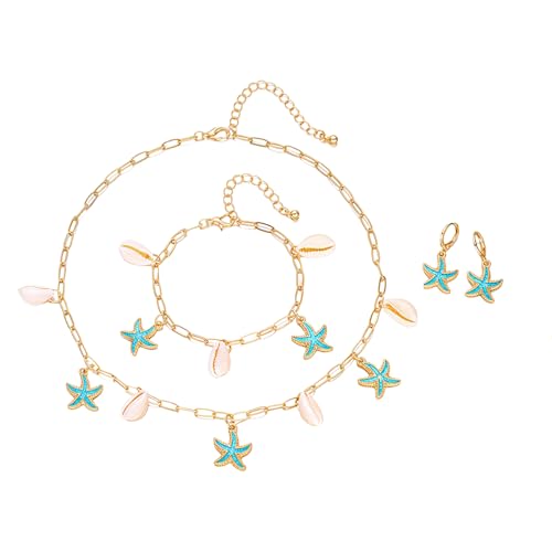 XFSRG Schmuckset Mit Muscheln Und Seestern Anhängern Modeschmuck Set Für Damen Sommer Strand Accessoires (Blau) von XFSRG