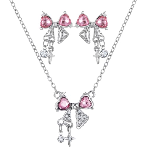 XFSRG Schmuckset Mit Rosa Herz-Anhänger Und Schleifen-Design Modeschmuck Set Für Damen Mädchen Hochzeit Party von XFSRG