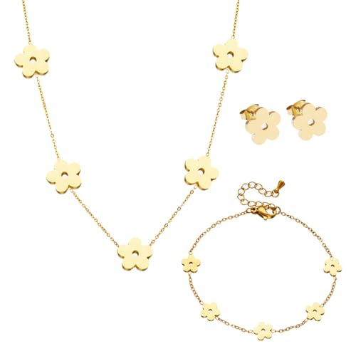 XFSRG Schmuckset Verstellbar Legierung Glückliches Blumenschmuck mit Ohrringe Halskette Armband Anhänger Party Schmuck Set ideal für Geschenke Besondere Anlässe und Frauen(Gold #2) von XFSRG