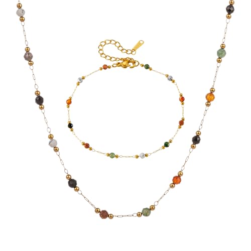 XFSRG Schmuckset für Damen Farbige Perlen Halskette Armband Set Ketten Armband aus Titanstahl Modeschmuck Weihnachtsgenchenke für Frauen von XFSRG