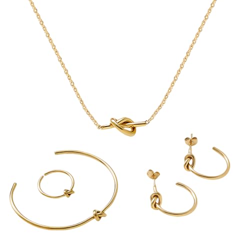 XFSRG Schmucksets für Damen Minimalistisches Schmuckset in Gold mit geometrischem Design – Halskette, Ohrringe, Armreif & Ring mit feiner Knotendetail, stilvoll für Alltag, Büro Geschenke von XFSRG