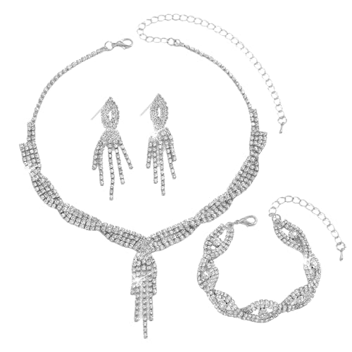 XFSRG Schmuckset für Damen Modische Elegante Schmuck Braut Tropfen Halskette Armbänder Strass Ohrringe Anhänger Set(Silber) von XFSRG