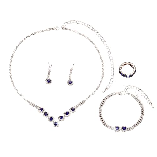 XFSRG Schmuckset für Damen Modische Elegante Schmuck Braut Tropfen Halskette Armbänder Strass Ohrringe Ring Set(Blau) von XFSRG