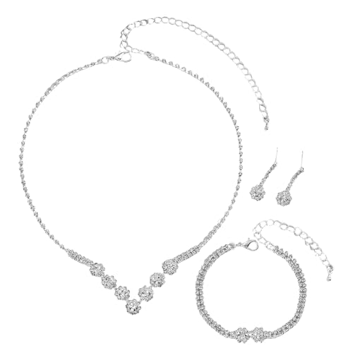 XFSRG Schmuckset für Damen Modische Elegante Schmuck Braut Tropfen Halskette Armbänder Strass Ohrringe Ring Set(Silber) von XFSRG