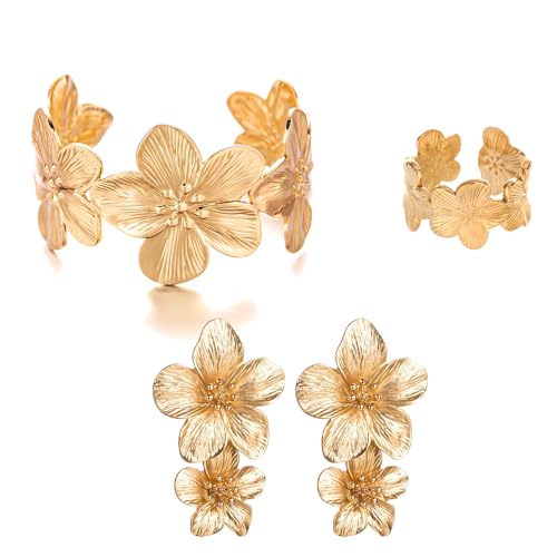 XFSRG Schmuckset für Damen Zarte Blume Metall Blatt Halskette Breiter Armspange Gold Blumen Ringe Ohrstecker Schmuck Set Schmuckset für Mädchen Hypoallergene Modeschmuck Geschenke（Gold） von XFSRG