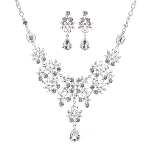 XFSRG Blumen Kristall Schmuckset Halskette Ohrringe Tropfen Anhänger Strass Kette Brautschmuck Hochzeit Elegant Luxus Damen von XFSRG