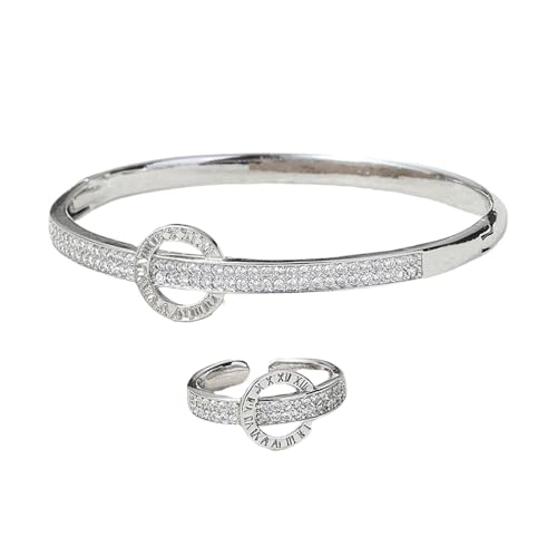 XFSRG Schmuckset mit Zirkonia Kreis Anhänger Armband Offener Ringe Brautschmuck Geschenke für Mädchen Hochzeit Engagement Party (Silber) von XFSRG