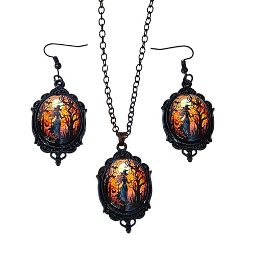 XFSRG Schmucksets Für Damen Halloween Gotisch Schmuck Sets Damen Gothic Schmuck Set Mit Hexenmotiv Halskette Und Ohrringe Für Party Und Alltag von XFSRG