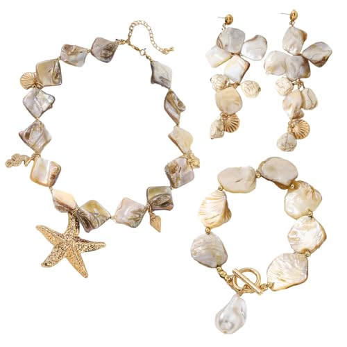 XFSRG Schmucksets Für Damen Mit Muschel-Design Ohrringe Halskette Armband Perfekt Für Sommer (Weiß) von XFSRG