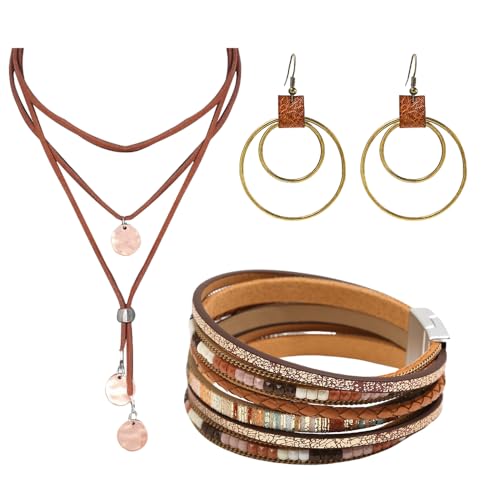 XFSRG Schmucksets Für Damen Mit Vintage Halskette Boho Ohrringe Und Lederarmband Perfekt Für Alltag Und Besondere Anlässe von XFSRG