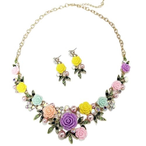 XFSRG Schmuckset für Damen Bunte Blumen Halskette & Ohrringe Elegantes Stilvolles Accessoire für Hochzeiten Partys Muttertag & Valentinstag (Mehrfarbig) von XFSRG