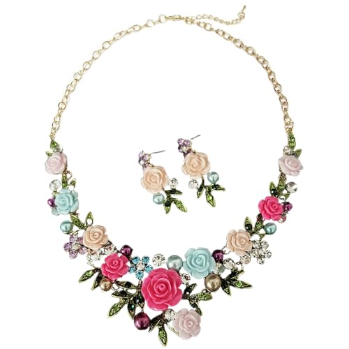 XFSRG Schmucksets für Damen Bunte Blumen Halskette und Ohrringe Set Elegantes Design für Hochzeiten Partys Muttertags Valentinstag (Mehrfarbig-1) von XFSRG