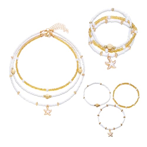 XFSRG Schmucksets für Damen Elegante Perlen Halskette und Armband Fußkettchen Set Stern Design Sommer Stil (Weiß-1) von XFSRG