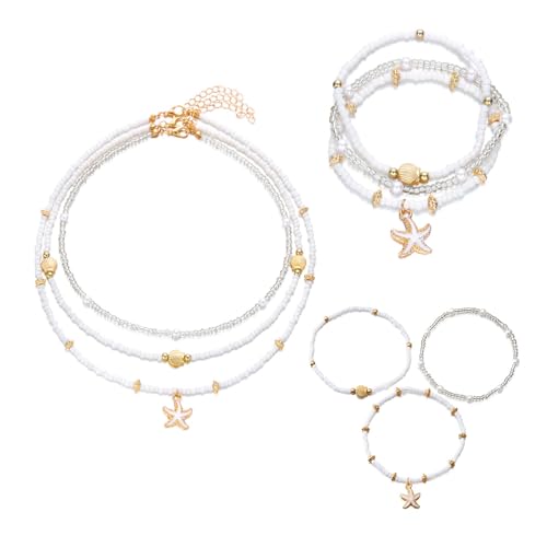 XFSRG Schmucksets für Damen Elegante Perlen Halskette und Armband Fußkettchen Set Stern Design Sommer Stil (Weiß-2) von XFSRG