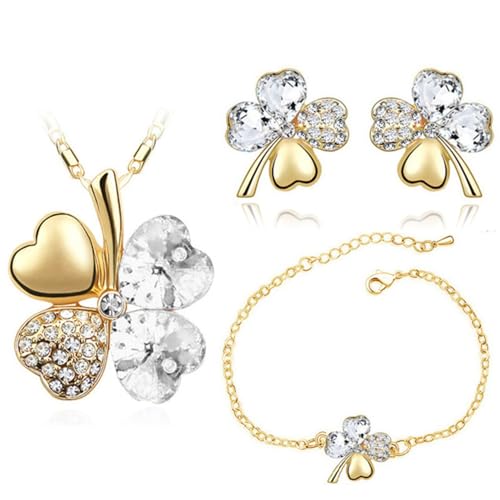 XFSRG Schmucksets für Damen Glücks Kleeblatt Halskette mit Kristall Anhänger Passende Ohrringe und Armband Elegantes Schmuck Set Ideal für Hochzeiten und Partys (Gold) von XFSRG