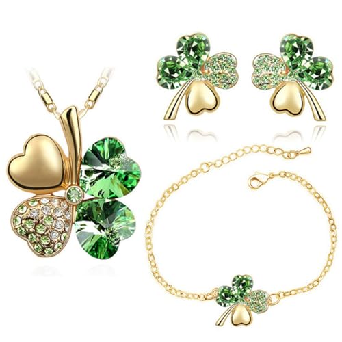 XFSRG Schmucksets für Damen Glücks Kleeblatt Halskette mit Kristall Anhänger Passende Ohrringe und Armband Elegantes Schmuck Set Ideal für Hochzeiten und Partys (Grün-1) von XFSRG