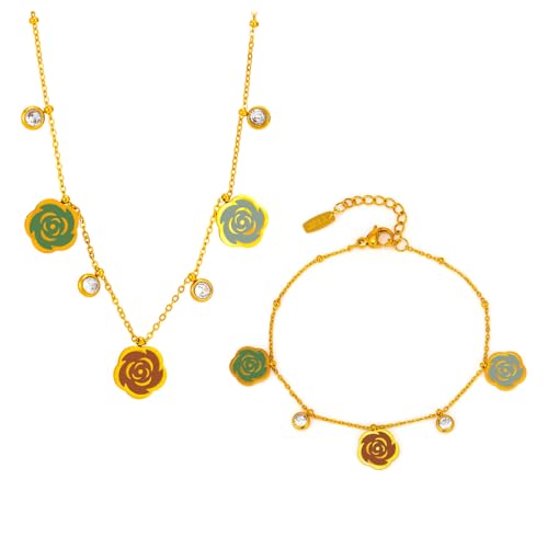 XFSRG Schmucksets für Damen Goldene Kamelienblume Halskette und Armband Set Elegante Schmuckset MäDchen für Hochzeit und Alltag (Mehrfarbig) von XFSRG
