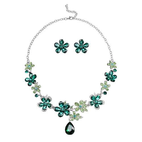 XFSRG Schmucksets für Damen Halskette mit Tropfenförmigem Anhänger und Ohrringe Set Blüten Designs Kristall Strass im Jewellery Style Verstellbar (Grün) von XFSRG