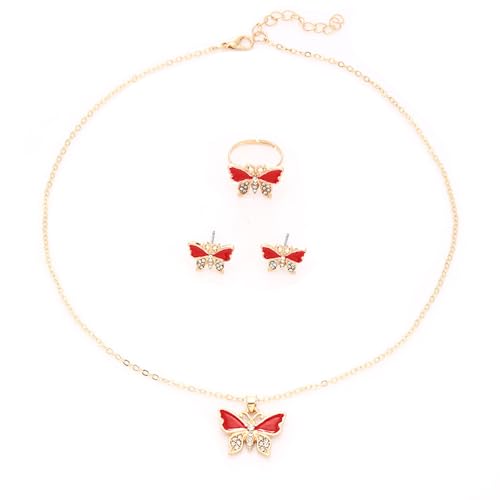 XFSRG Schmucksets für Damen Schmetterling Design Halskette Ohrringe Ring Set Eleganter Modeschmuck für Alltag und besondere Anlässe(Rot) von XFSRG