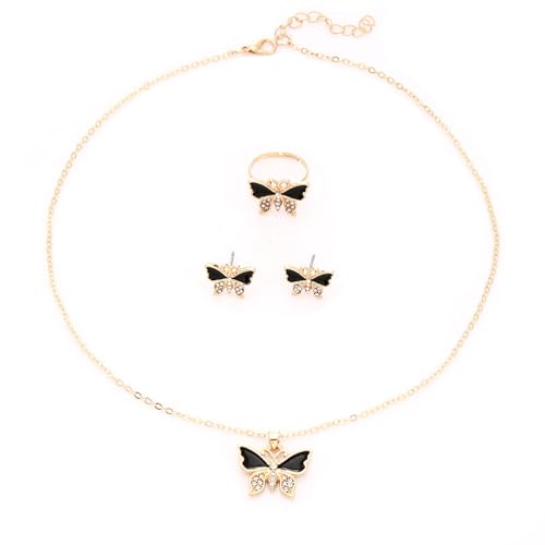 XFSRG Schmucksets für Damen Schmetterling Design Halskette Ohrringe Ring Set Eleganter Modeschmuck für Alltag und besondere Anlässe(Schwarz) von XFSRG