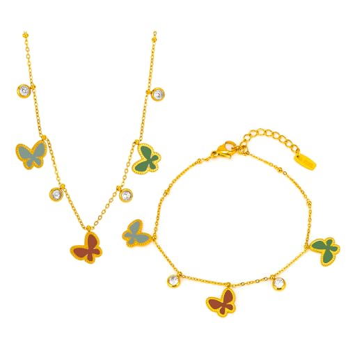 XFSRG Schmucksets für Damen Schmetterlinge Diamanten Besetzt Halskette und Armband Set Elegante Schmuckset MäDchen für Hochzeit und Alltag (Mehrfarbig) von XFSRG