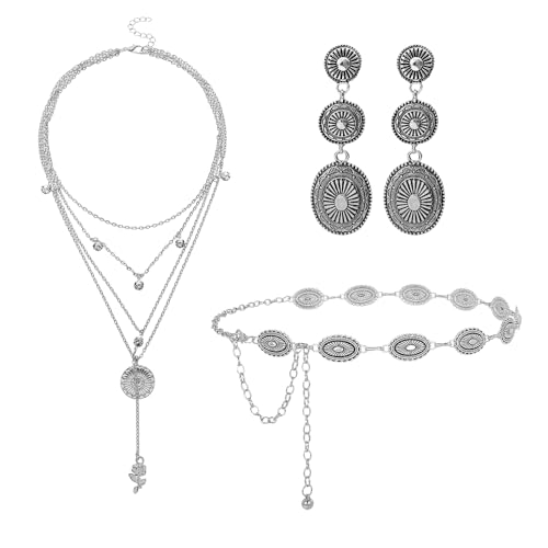 XFSRG Schmucksets für Damen Vintage Stil Halskette Ohrringe und Gürtel Set Elegantes Design für Partys und Alltag(Silber) von XFSRG
