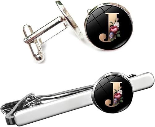 XFSRG Monogramm Krawattenklammer Manschettenknöpfe Set Rund Buchstabe Blumenmuster Herren Schmuck Accessoires Silber Schwarz von XFSRG