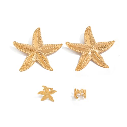 XFSRG Seestern Ohrringe Set Große Statement Seestern Ohrstecker und Feine Ohrclips Sommer Ohrringe Maritimer Schmuck für Urlaub Party （Gold） von XFSRG