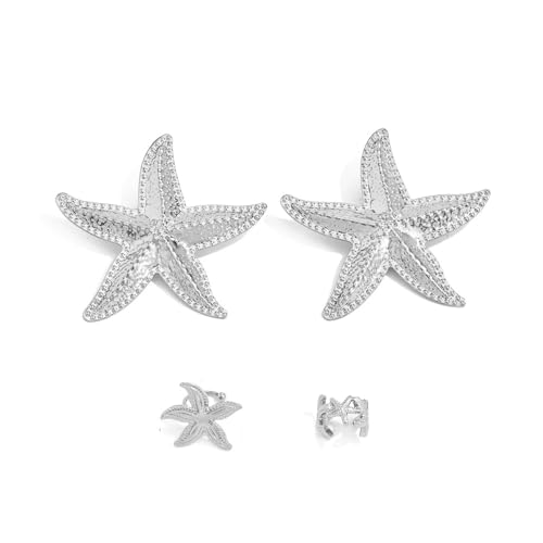 XFSRG Seestern Ohrringe Set Große Statement Seestern Ohrstecker und Feine Ohrclips Sommer Ohrringe Maritimer Schmuck für Urlaub Party （Silber） von XFSRG