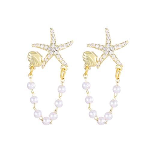 XFSRG Seestern Perlen Ketten Ohrringe Damen Modische Feine Ohrstecker in Gold mit Funkelnden Zirkonia und Muschel Detail Elegante Kettenohrringe Schmuck (Gold) von XFSRG