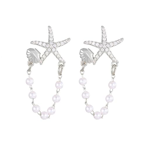 XFSRG Seestern Perlen Ketten Ohrringe Damen Modische Feine Ohrstecker in Silber mit Funkelnden Zirkonia und Muschel Detail Elegante Kettenohrringe Schmuck (Silber) von XFSRG