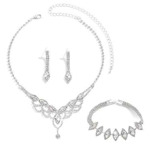 XFSRG 3teiliges Tropfenform Netzstruktur Schmuckset Halskette Ohrringe Armband Kristall Strass Elegant Hochzeit Abend Damen von XFSRG